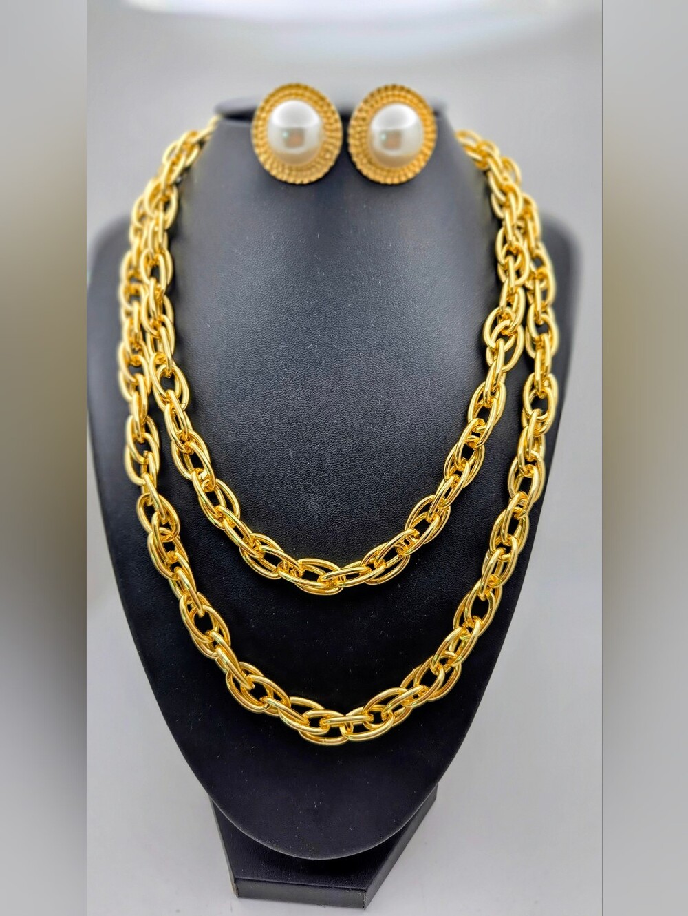 Vintage 80s Gold Tone Long Oval Link Chain Necklace Faux Pearl Earrings Set